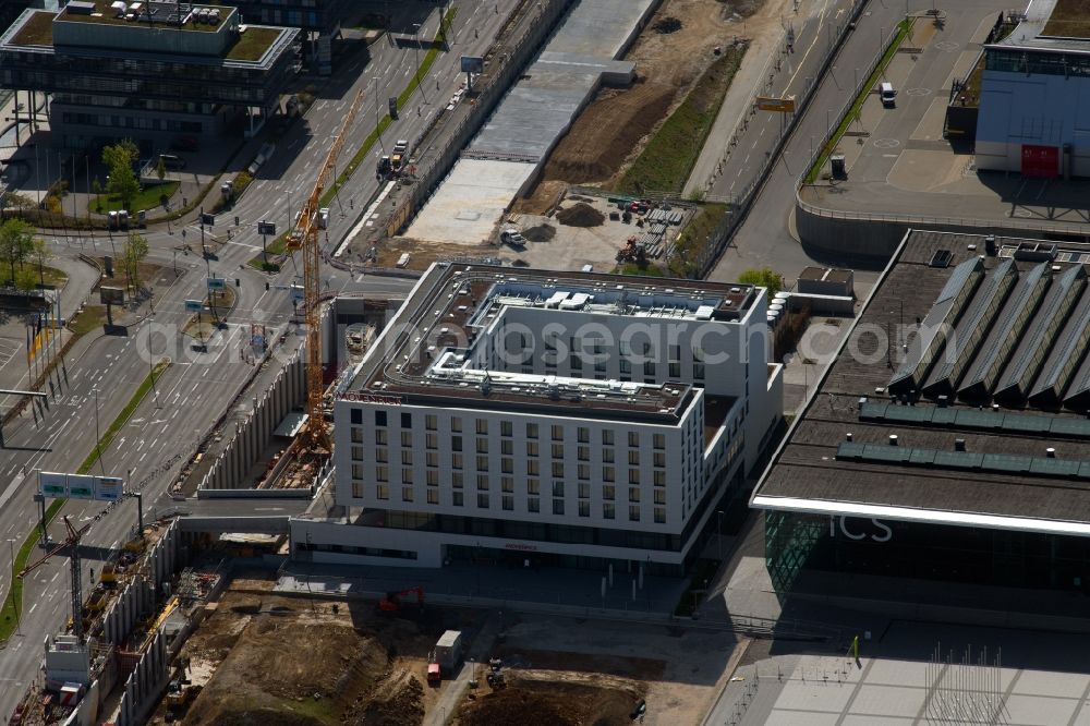 Aerial photograph Stuttgart - Complex of the hotel building Moevenpick Hotel Stuttgart Messe & Congress in the district Plieningen in Stuttgart in the state Baden-Wuerttemberg, Germany