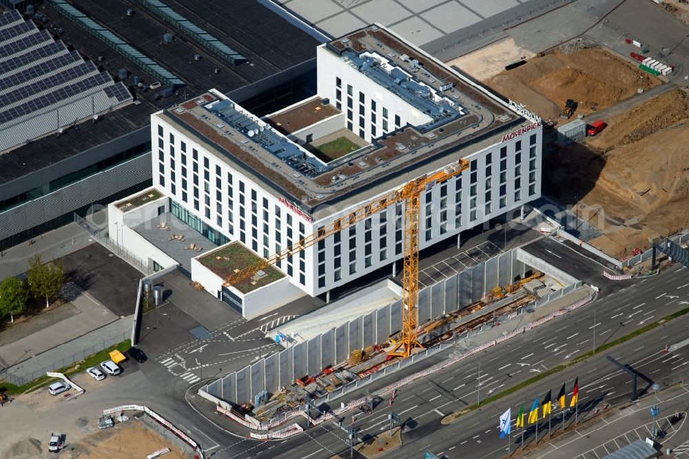 Stuttgart from the bird's eye view: Complex of the hotel building Moevenpick Hotel Stuttgart Messe & Congress in the district Plieningen in Stuttgart in the state Baden-Wuerttemberg, Germany