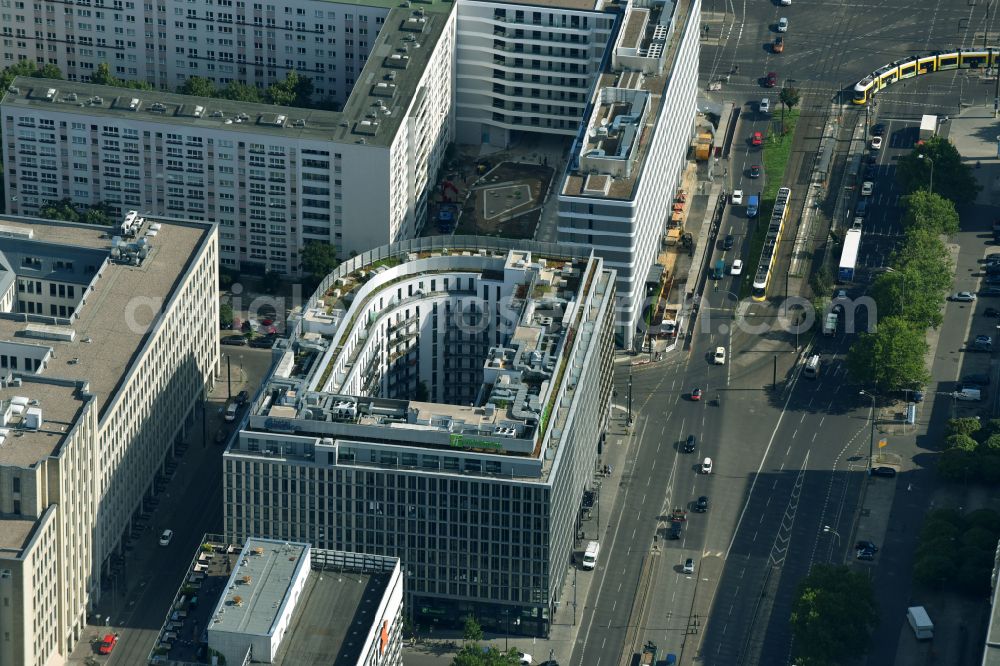 Berlin from the bird's eye view: High-rise building of the hotel complex on street Otto-Braun-Strasse in the district Mitte in Berlin, Germany