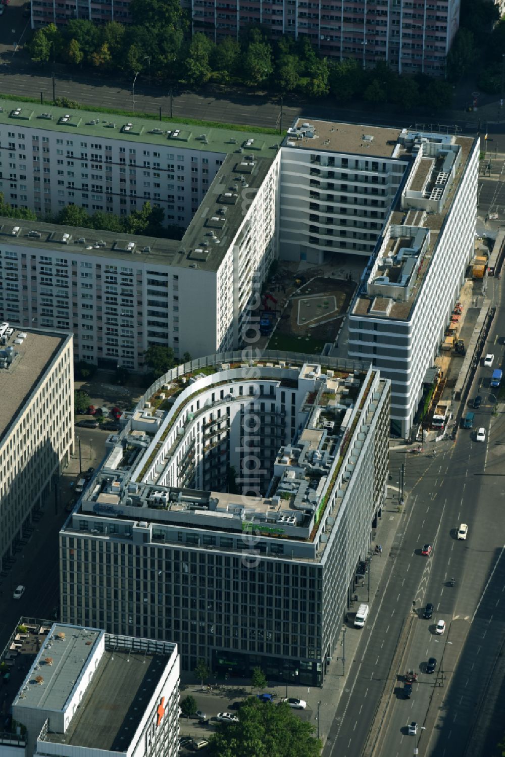 Aerial image Berlin - High-rise building of the hotel complex on street Otto-Braun-Strasse in the district Mitte in Berlin, Germany