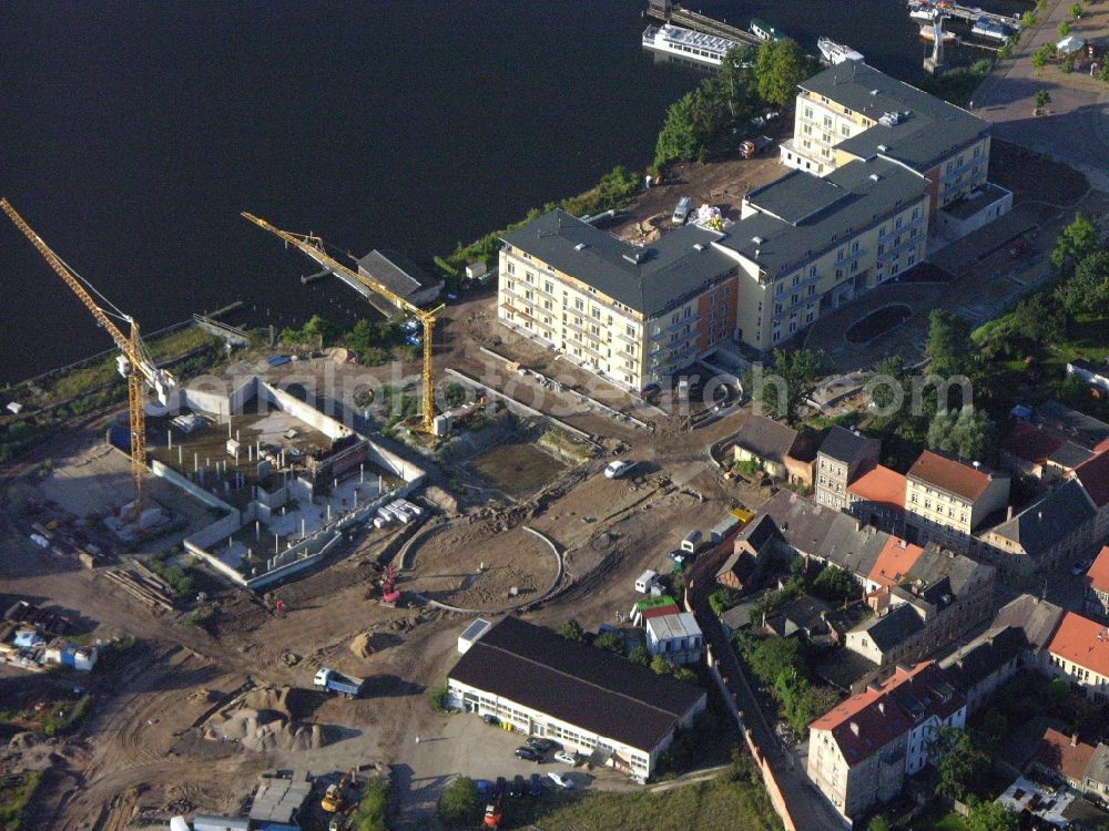 Neuruppin from the bird's eye view: Construction site of complex of the hotel building Resort Mark Brandenburg (formerly Fontane Plaza) in Neuruppin in the state Brandenburg, Germany