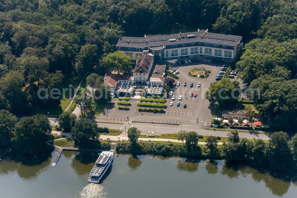 Haltern am See from the bird's eye view: Complex of the hotel building Seehof on street Hullerner Strasse in Haltern am See at Ruhrgebiet in the state North Rhine-Westphalia, Germany