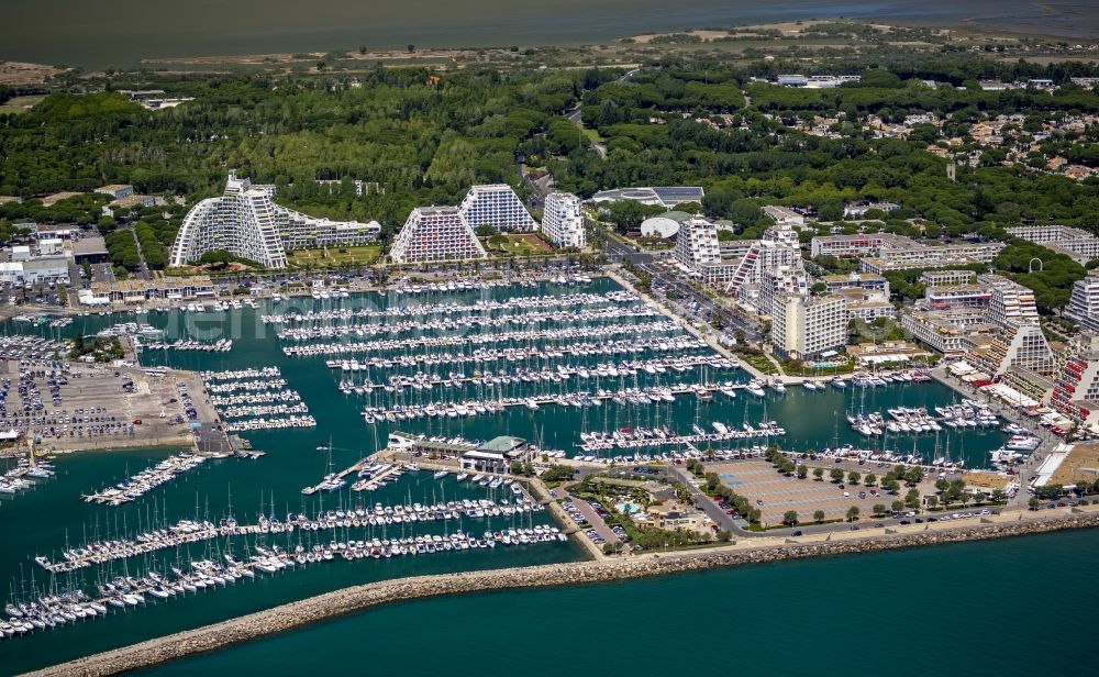 La Grande-Motte from above - Hotel landscape and tourist developments on the Mediterranean beach in La Grande-Motte in the province of Languedoc-Roussillon in France