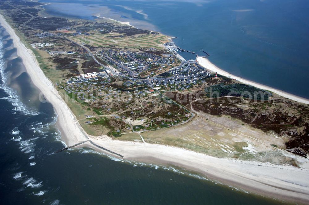 Hörnum auf Sylt from the bird's eye view: Stadtansicht von Hörnum auf Sylt. Kontakt: Tourismus-Service Hörnum, Rantumer Str. 20, 25997 Hörnum/Sylt, Tel. +49(0)4651 9626-0, Fax +49(0)4651 9626-66, E-Mail: info@hoernum.de