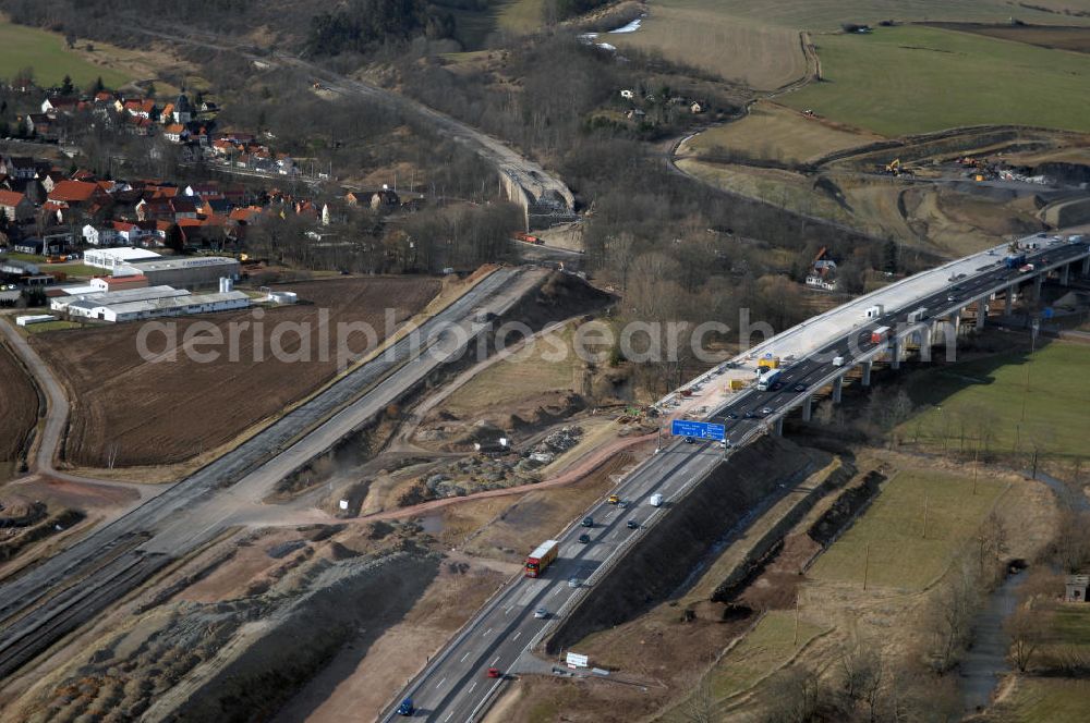 Sättelstädt from the bird's eye view: Blick auf die neue Hörseltalbrücke nach der teilweisen Verkehrsfreigabe des neuen A4- Autobahnverlaufes. Die Brücke ist Teil des Projekt Nordverlegung / Umfahrung Hörselberge der Autobahn E40 / A4 in Thüringen bei Eisenach. Durchgeführt werden die im Zuge dieses Projektes notwendigen Arbeiten unter an derem von den Mitarbeitern der Niederlassung Weimar der EUROVIA Verkehrsbau Union sowie der Niederlassungen Abbruch und Erdbau, Betonstraßenbau, Ingenieurbau und TECO Schallschutz der EUROVIA Beton sowie der DEGES. View at the new Hörselthal- bridge after the partial opening to traffic of the new A4 motorway course.