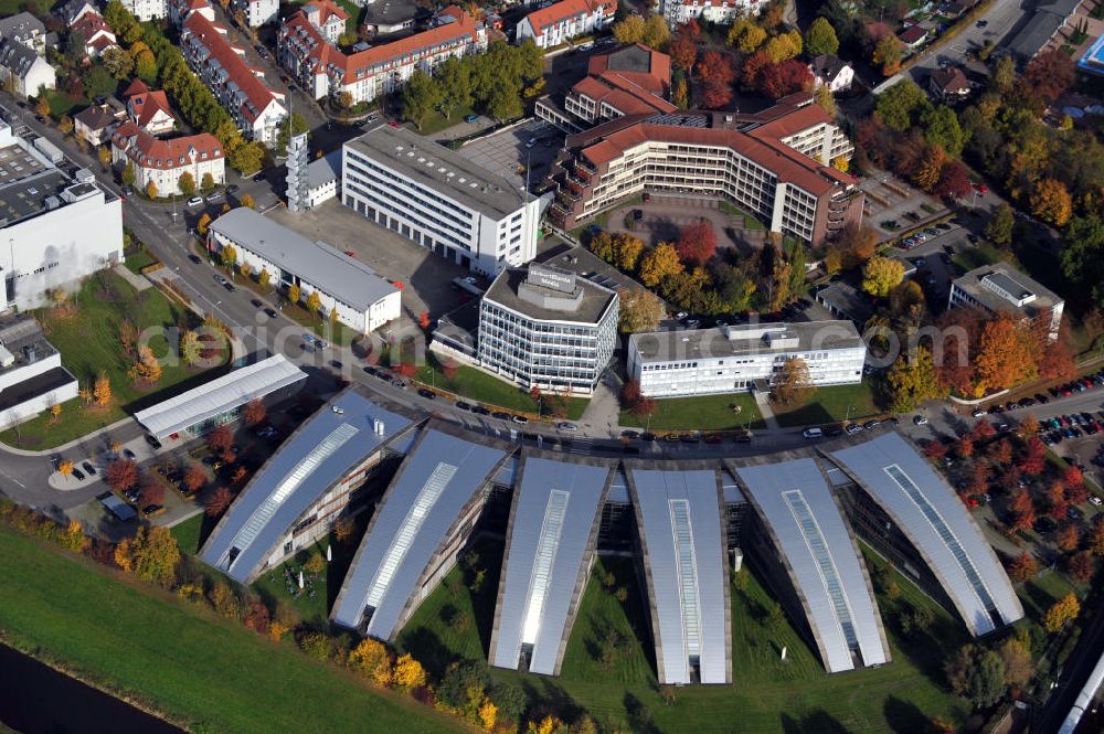 Offenburg from above - Die Verlagsgebäude des Konzerns Hubert Burda Media Holding Kommanditgesellschaft in Offenburg. The publishers buildings of the concern Hubert Burda Media Holding limited commercial partnership at the town Offenburg.