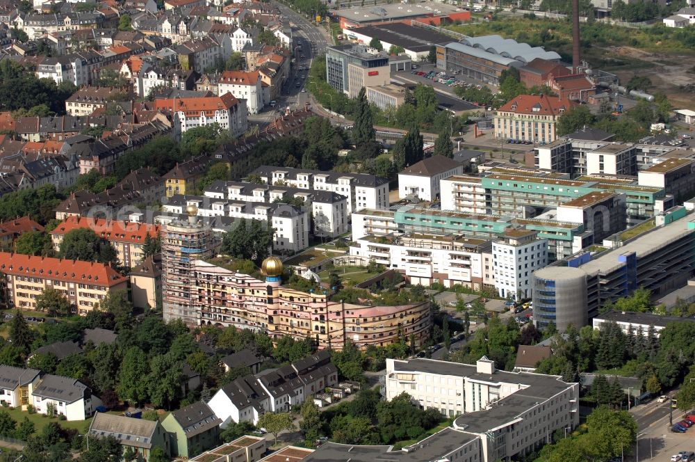 Darmstadt from above - Hundertwasser Building of a multi-family residential building Waldspirale in Darmstadt in the state Hesse, Germany