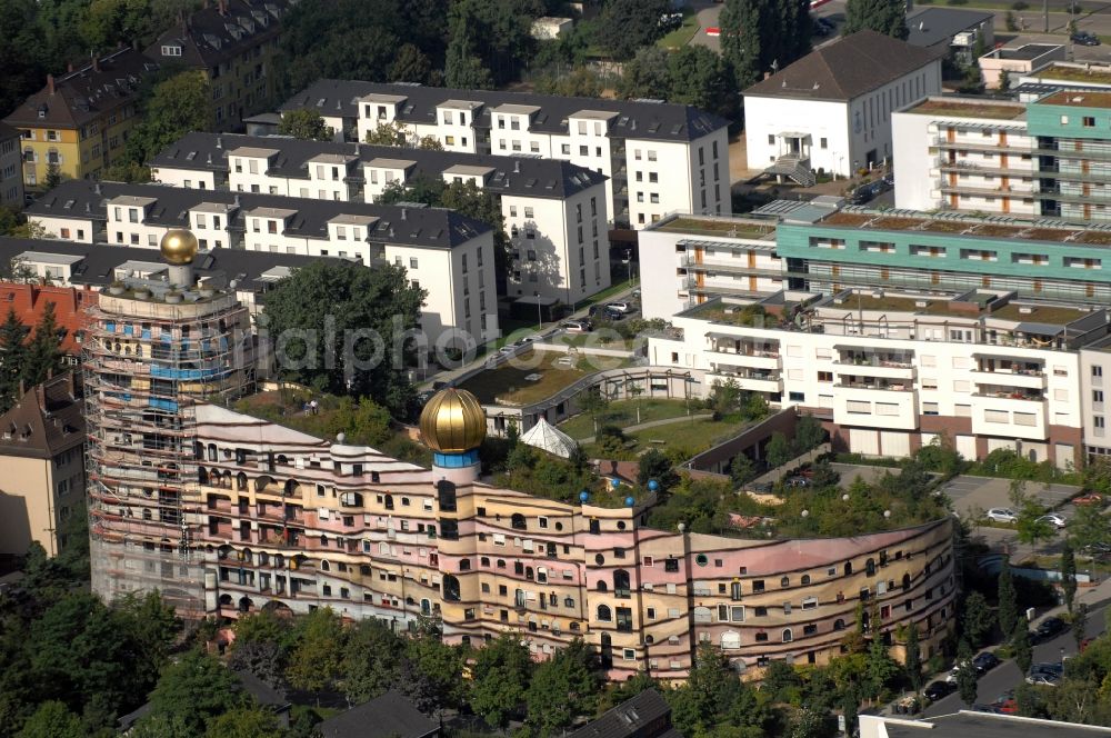 Darmstadt from the bird's eye view: Hundertwasser Building of a multi-family residential building Waldspirale in Darmstadt in the state Hesse, Germany