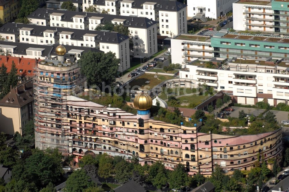 Aerial image Darmstadt - Hundertwasser Building of a multi-family residential building Waldspirale in Darmstadt in the state Hesse, Germany