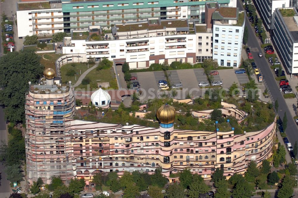 Darmstadt from above - Hundertwasser Building of a multi-family residential building Waldspirale in Darmstadt in the state Hesse, Germany