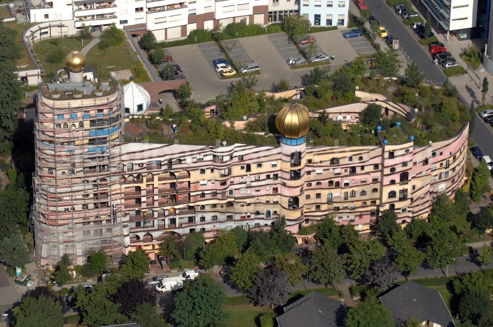 Aerial image Darmstadt - Hundertwasser Building of a multi-family residential building Waldspirale in Darmstadt in the state Hesse, Germany