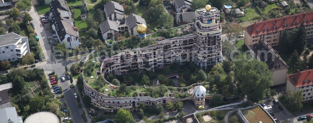 Aerial image Darmstadt - Hundertwasser Building of a multi-family residential building Waldspirale in Darmstadt in the state Hesse, Germany