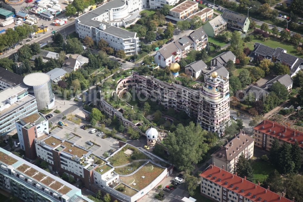 Darmstadt from above - Hundertwasser Building of a multi-family residential building Waldspirale in Darmstadt in the state Hesse, Germany