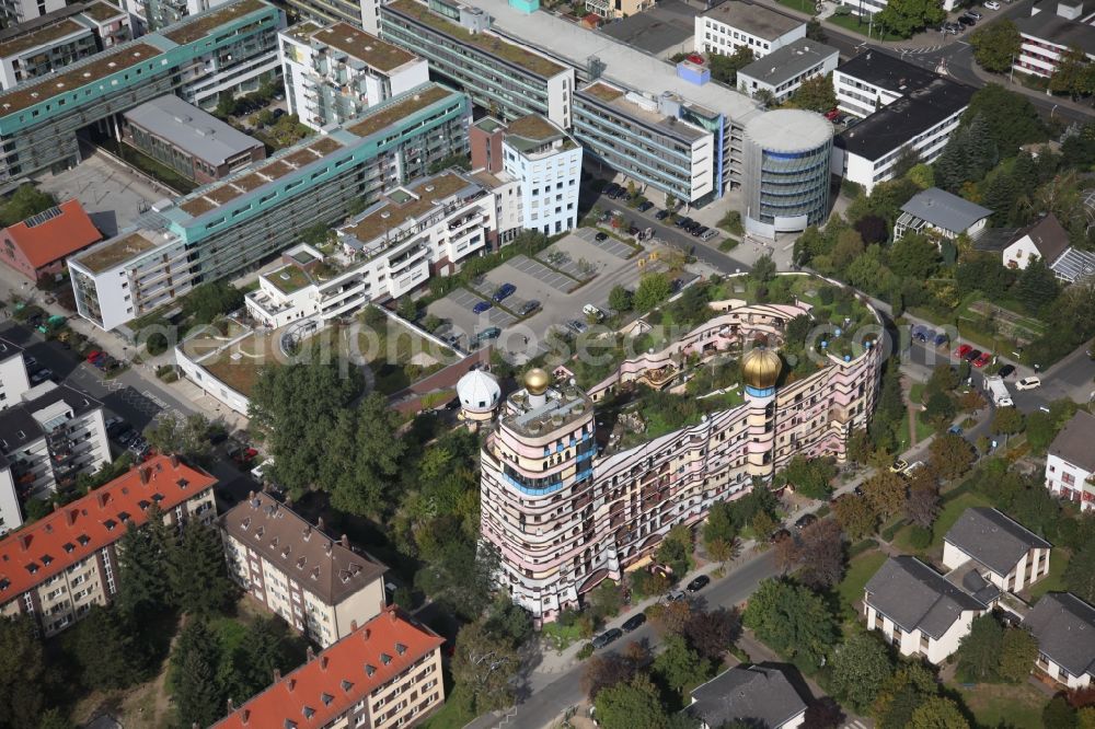 Darmstadt from the bird's eye view: Hundertwasser Building of a multi-family residential building Waldspirale in Darmstadt in the state Hesse, Germany