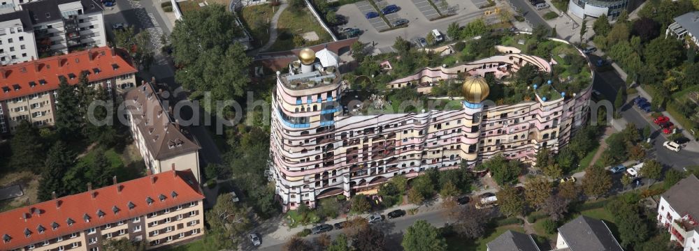 Aerial image Darmstadt - Hundertwasser Building of a multi-family residential building Waldspirale in Darmstadt in the state Hesse, Germany