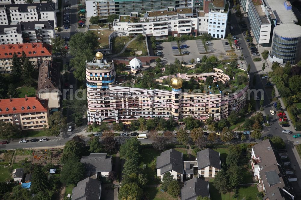 Aerial photograph Darmstadt - Hundertwasser Building of a multi-family residential building Waldspirale in Darmstadt in the state Hesse, Germany