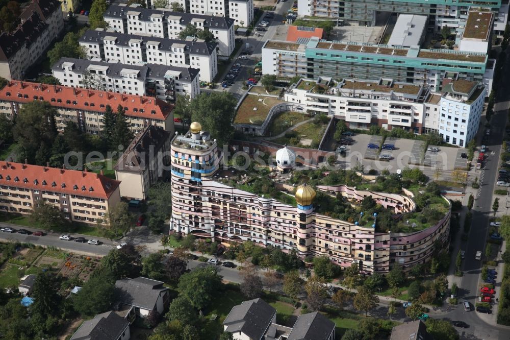 Darmstadt from above - Hundertwasser Building of a multi-family residential building Waldspirale in Darmstadt in the state Hesse, Germany