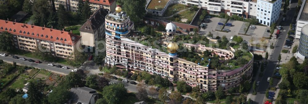 Darmstadt from the bird's eye view: Hundertwasser Building of a multi-family residential building Waldspirale in Darmstadt in the state Hesse, Germany