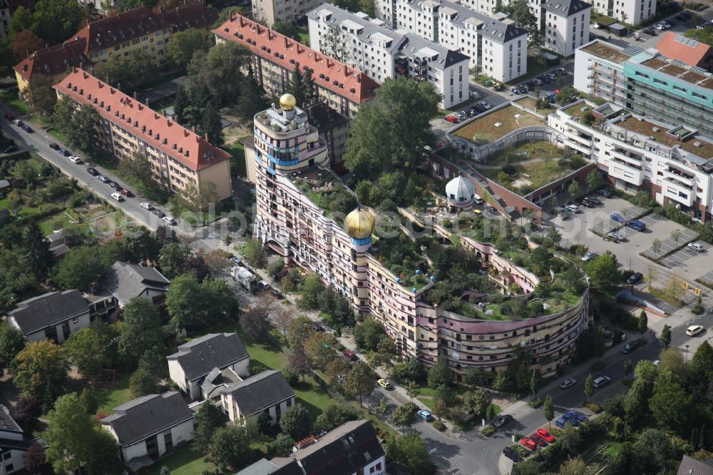 Aerial image Darmstadt - Hundertwasser Building of a multi-family residential building Waldspirale in Darmstadt in the state Hesse, Germany