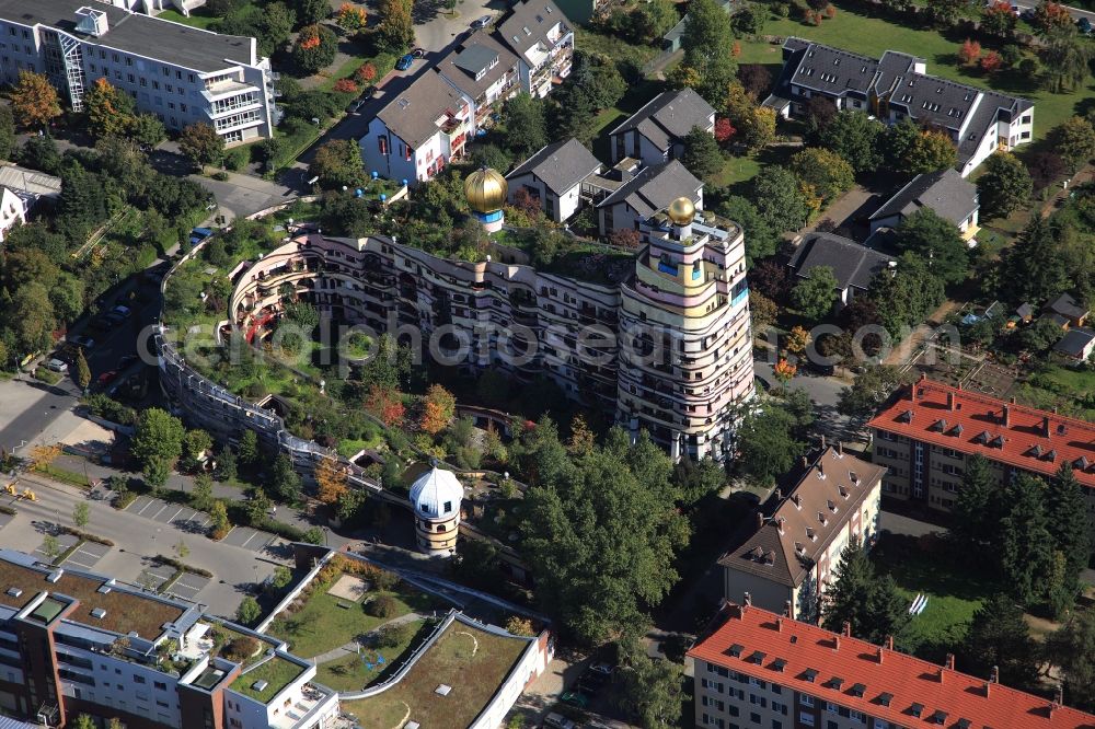 Darmstadt from above - Hundertwasser Building of a multi-family residential building Waldspirale in Darmstadt in the state Hesse, Germany