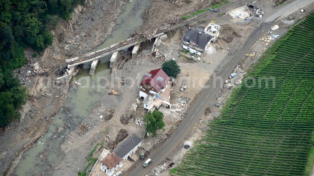 Bad Neuenahr-Ahrweiler from the bird's eye view: Group of houses southeast of Marienthal (Ahr) after the flood disaster in the Ahr valley this year in the state Rhineland-Palatinate, Germany