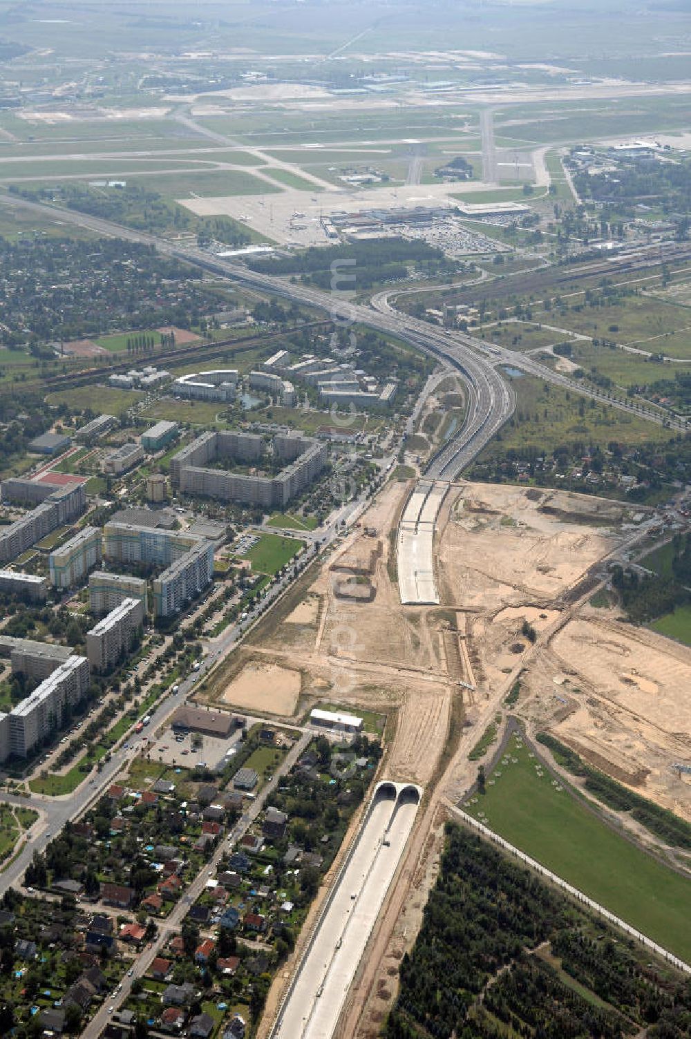 Schönefeld from above - Blick auf den Bau des Hauptstadtflughafens Berlin Brandenburg International (BBI) in Schönefeld. Es ist das größte Infrastrukturobjekt der neuen Länder und wird einer der modernsten Flughafen Europas. Homepage: http://