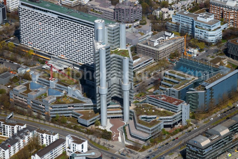 München from above - Tower of HVB - UniCredit Bank and the Sheraton Munich Arabellapark Hotel in Bogenhausen district of Munich in Bavaria