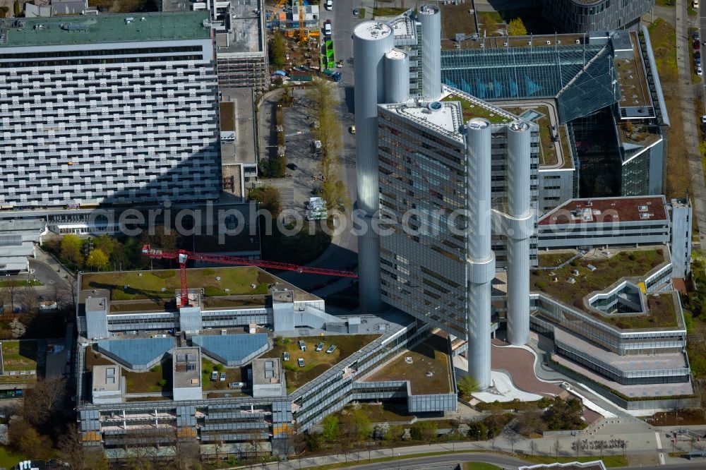 Aerial image München - Tower of HVB - UniCredit Bank and the Sheraton Munich Arabellapark Hotel in Bogenhausen district of Munich in Bavaria