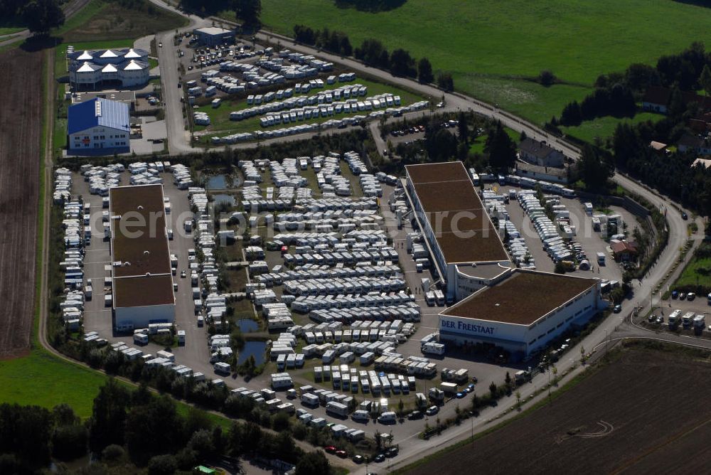 Aerial photograph Sulzemoos - Blick auf das HYMER-Zentrum Sulzemoos. Das HYMER-Zentrum bietet die komplette Produktpalette an HYMER-Reisemobilen und Wohnwagen. Kontakt: HYMER-Zentrum Sulzemoos - Freistaat Caravaning & More, Ohmstr. 14, 85254 Sulzemoos, Tel.: 8135 - 937 200, info@hymer-muenchen.de