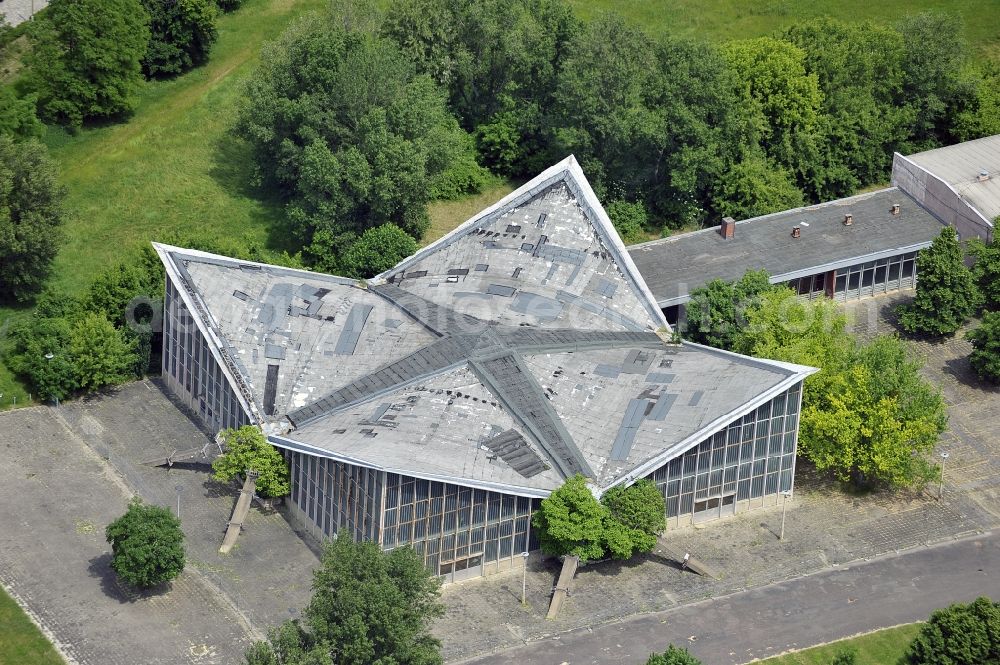 Magdeburg from above - Building of the former event hall Hyparschale on Heinrich-Heine-Weg in Magdeburg in the state Saxony-Anhalt, Germany