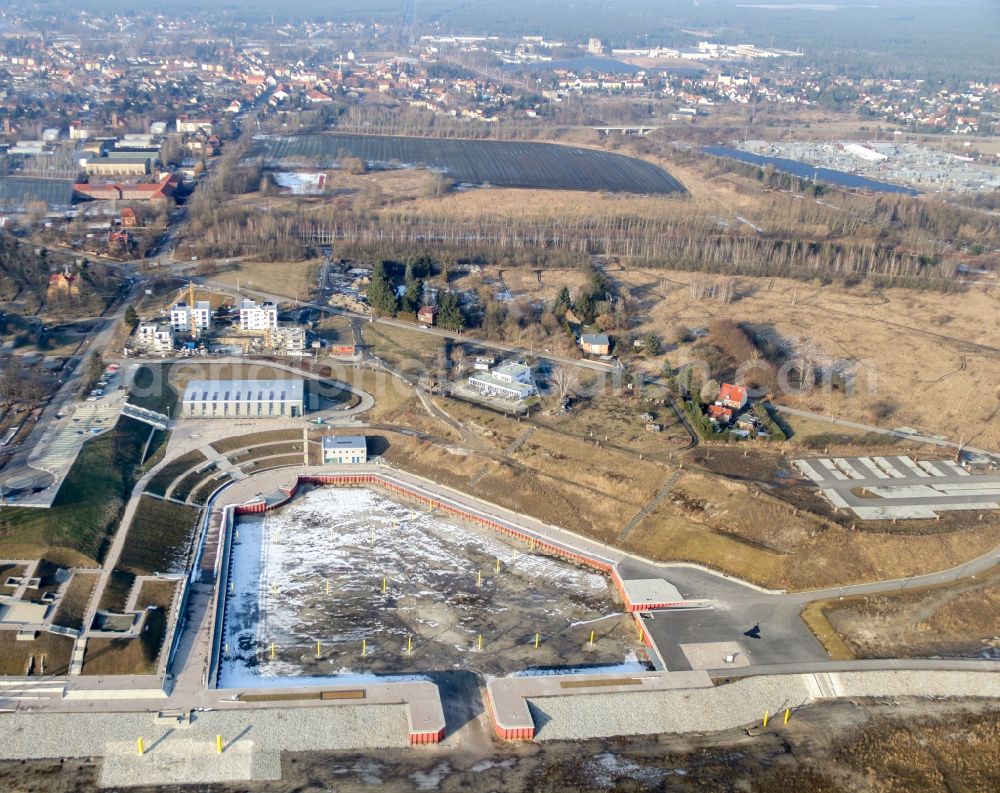 Großräschen from above - IBA terraces and visitors centre Lausitzer Seenland in Grossraeschen in the Federal State of Brandenburg. New building of the city port and Marina on Lake Grossraeschen