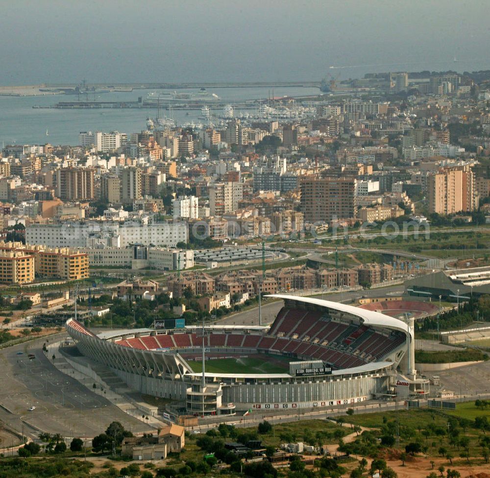 Aerial photograph Palma - Das Iberostar Estadi (früher Son Moix und ONO Estadi) in Palma de Mallorca. Das Stadion wurde 1999 für die Universiade errichtet und bietet Platz für 23.000 Zuschauer. Es ist die Heimspielstätte des Fußballklubs RCD Mallorca. The Iberostar Estadi (formerly Son Moix and ONO Estadi) in Palma de Mallorca. The stadium was built in 1999 for the Universiade and has a capacity for 23,000 spectators.