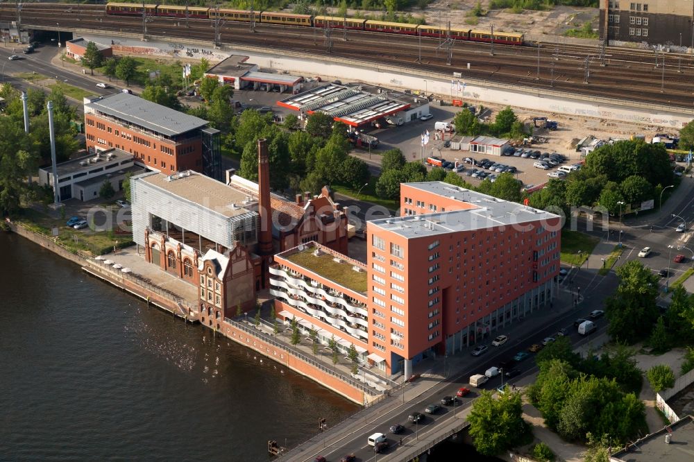 Berlin from above - View at the Ibis Hotel Berlin Ostbahnhof, at the corner Schillingbruecke Holzmarktstrasse. The Shilling bridge over the Spree