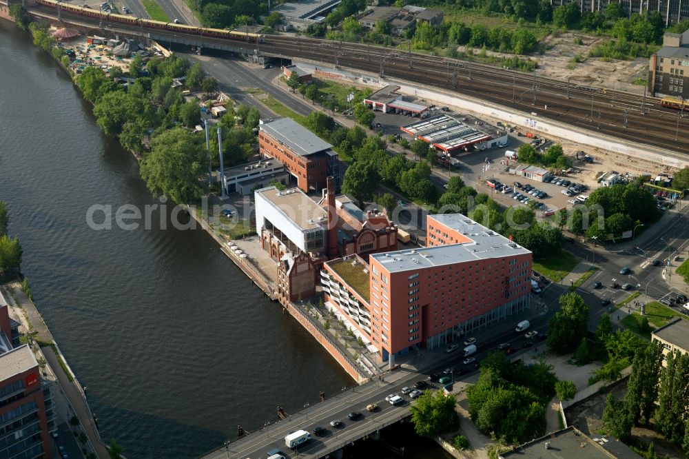 Berlin from above - View at the Ibis Hotel Berlin Ostbahnhof, at the corner Schillingbruecke Holzmarktstrasse. The Shilling bridge over the Spree