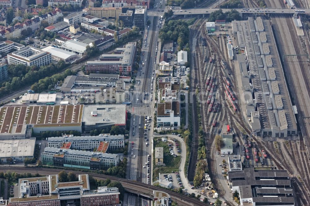 Aerial image München - Trackage and rail routes and locomotive hall of the railway operations work in Laim, Munich in the state Bavaria, Germany