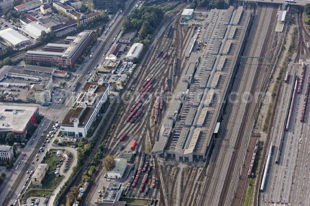 Aerial photograph München - Trackage and rail routes and locomotive hall of the railway operations work in Laim, Munich in the state Bavaria, Germany