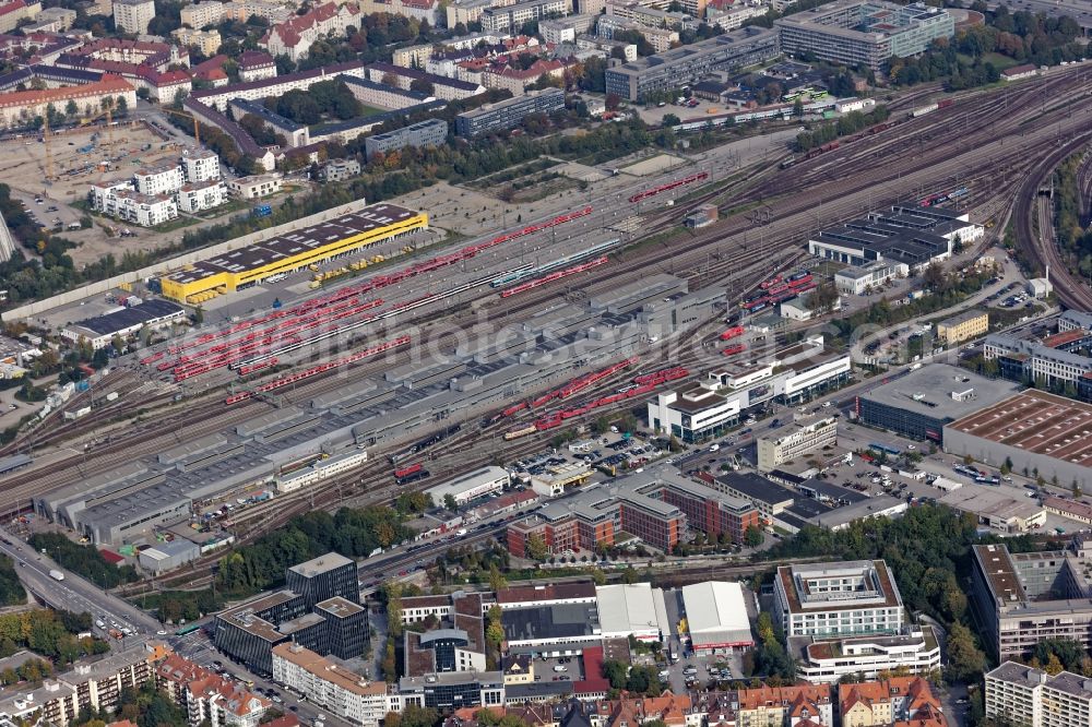 München from above - Trackage and rail routes and locomotive hall of the railway operations work in Laim, Munich in the state Bavaria, Germany