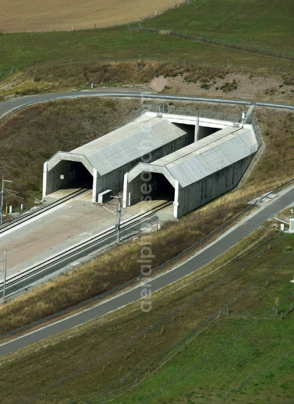 Aerial image Eßleben-Teutleben - ICE- Track connections a railroad track in a railway tunnel - viaduct Finnetunnel in Essleben Teutleben in the state Thuringia