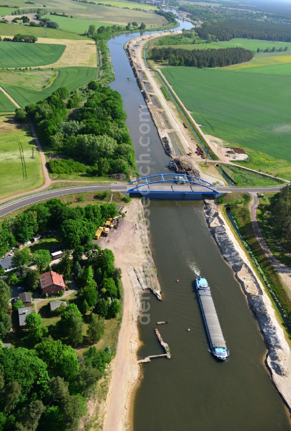 Aerial photograph Ihleburg - Ihleburger bridge and deposition surfaces at the riverside of the Elbe-Havel Canal near by Ihleburg in Saxony-Anhalt