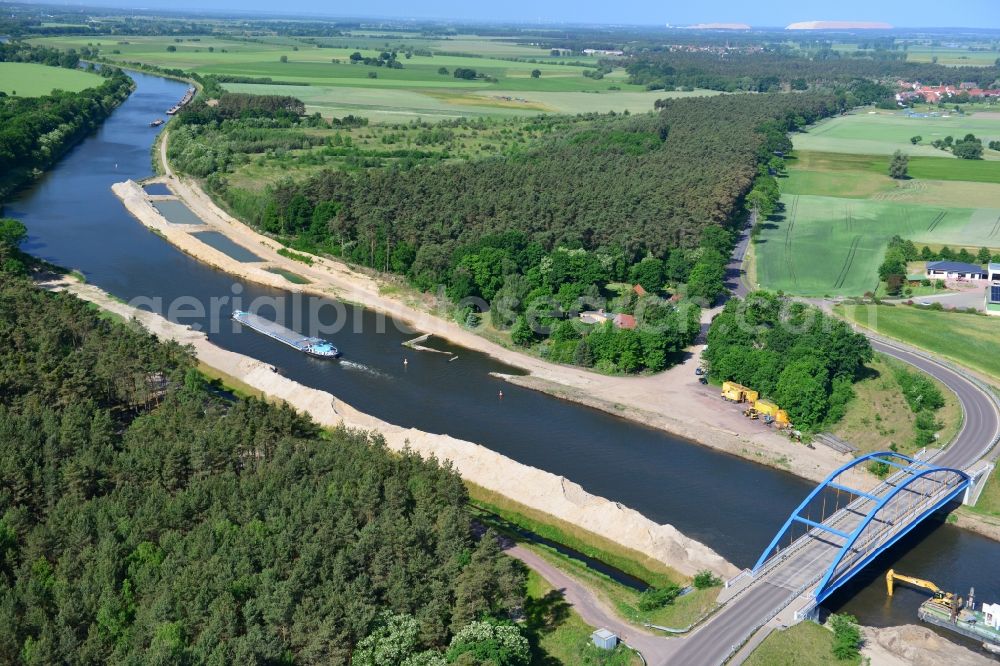 Ihleburg from above - Ihleburger bridge and deposition surfaces at the riverside of the Elbe-Havel Canal near by Ihleburg in Saxony-Anhalt