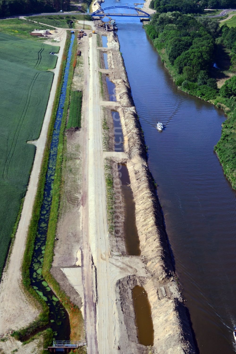 Ihleburg from above - Ihleburger bridge and deposition surfaces at the riverside of the Elbe-Havel Canal near by Ihleburg in Saxony-Anhalt