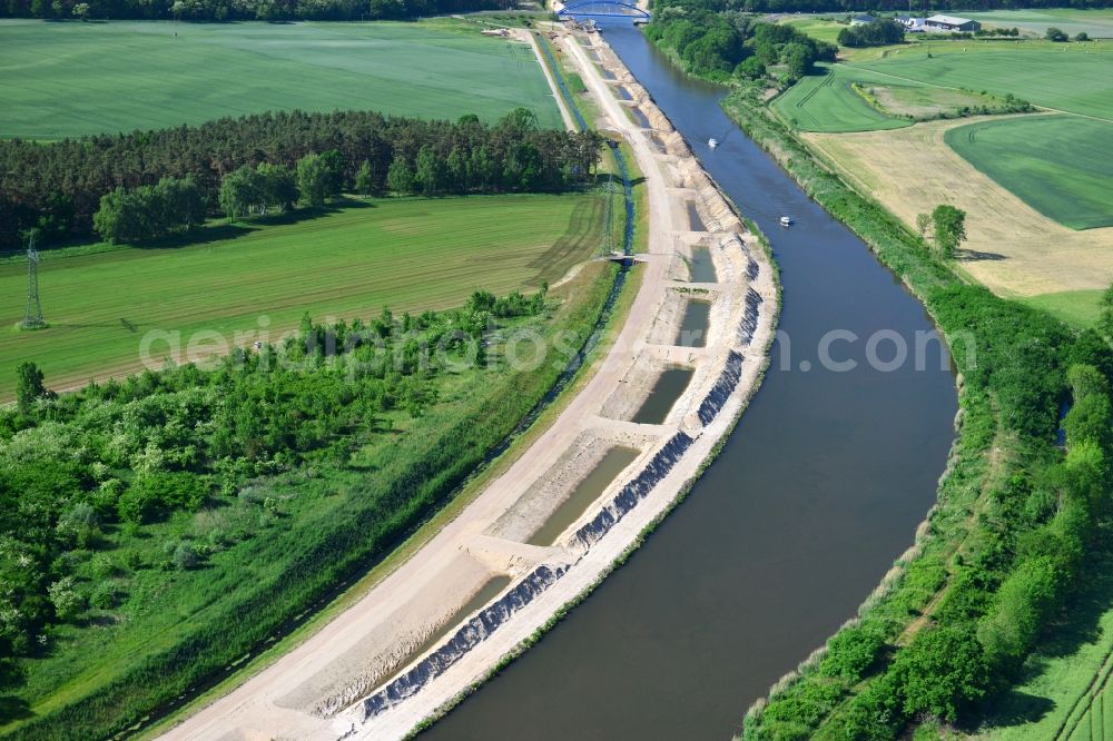 Aerial photograph Ihleburg - Ihleburger bridge and deposition surfaces at the riverside of the Elbe-Havel Canal near by Ihleburg in Saxony-Anhalt