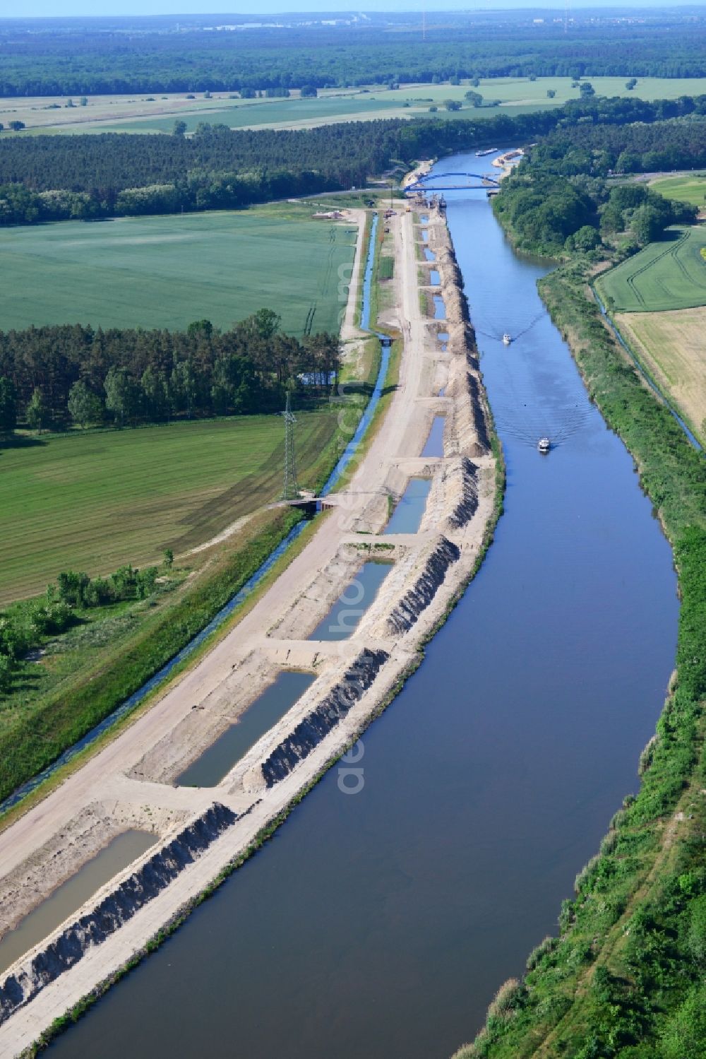 Ihleburg from above - Ihleburger bridge and deposition surfaces at the riverside of the Elbe-Havel Canal near by Ihleburg in Saxony-Anhalt