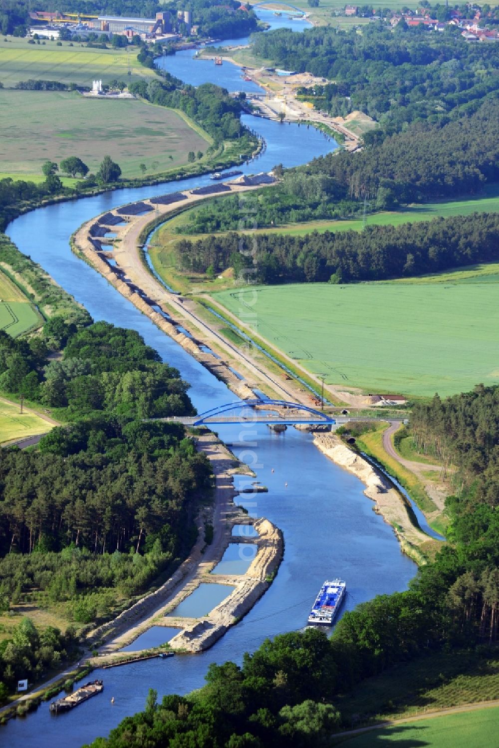 Ihleburg from above - Ihleburger bridge and deposition surfaces at the riverside of the Elbe-Havel Canal near by Ihleburg in Saxony-Anhalt