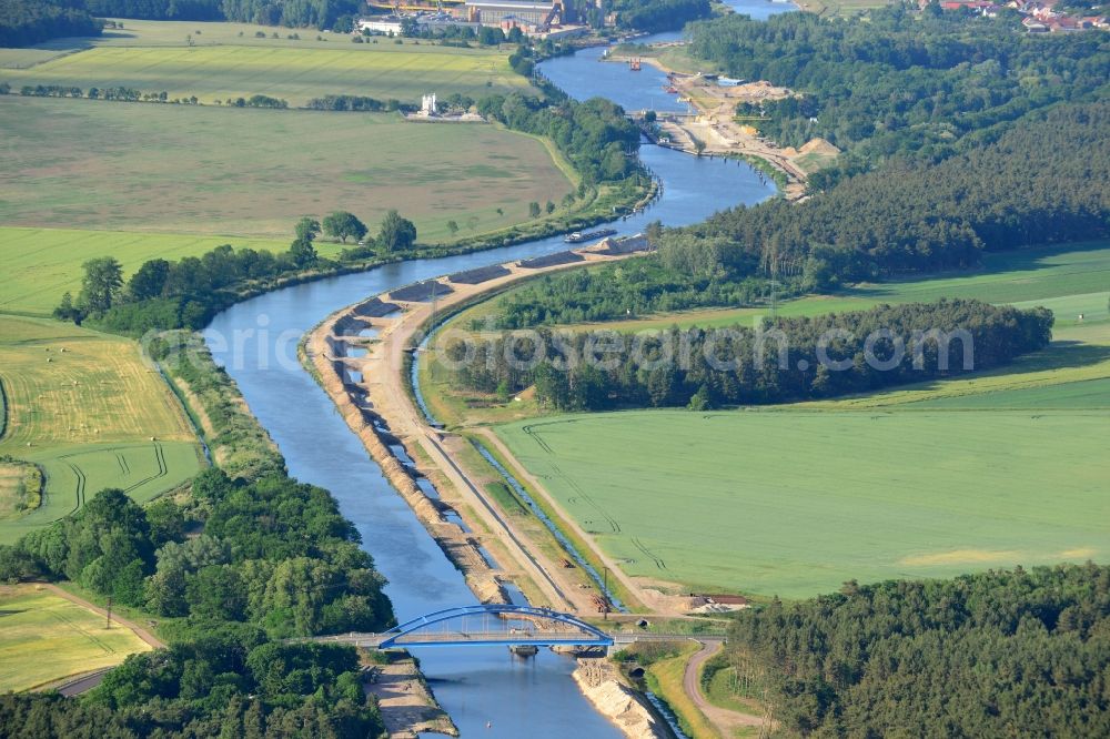 Ihleburg from the bird's eye view: Ihleburger bridge and deposition surfaces at the riverside of the Elbe-Havel Canal near by Ihleburg in Saxony-Anhalt