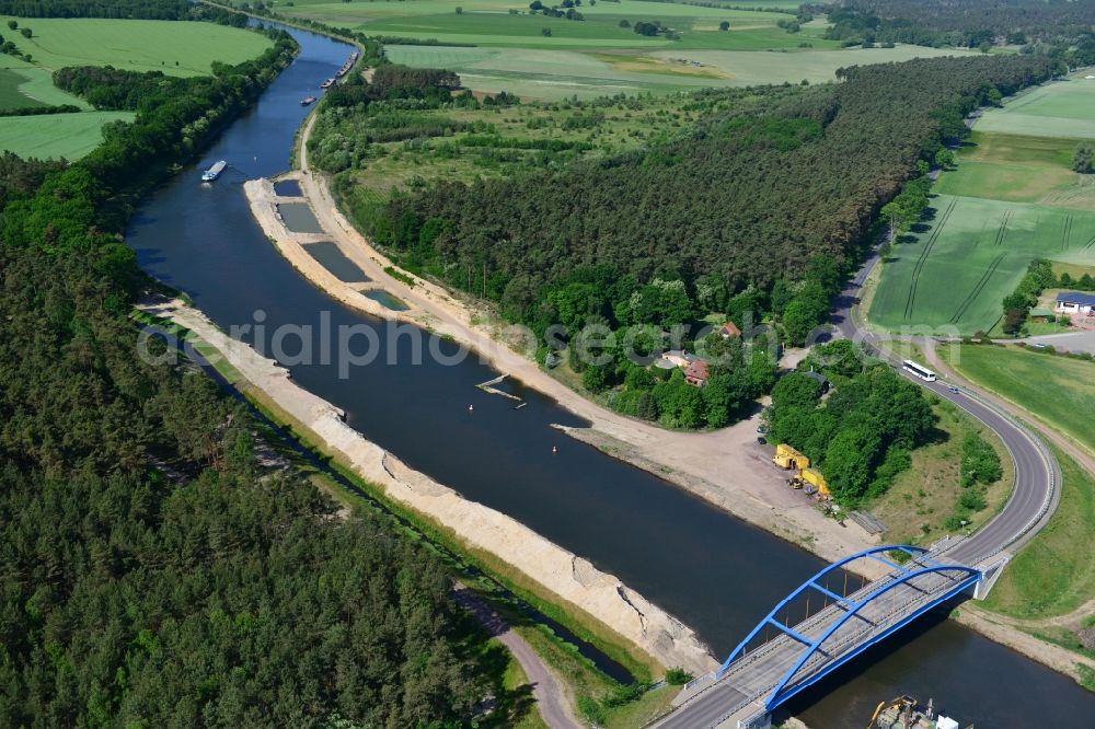 Aerial photograph Ihleburg - Ihleburger bridge and deposition surfaces at the riverside of the Elbe-Havel Canal near by Ihleburg in Saxony-Anhalt