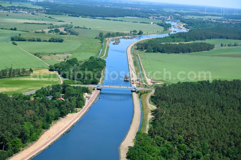 Aerial image Ihleburg - Ihleburger bridge and deposition surfaces at the riverside of the Elbe-Havel Canal near by Ihleburg in Saxony-Anhalt