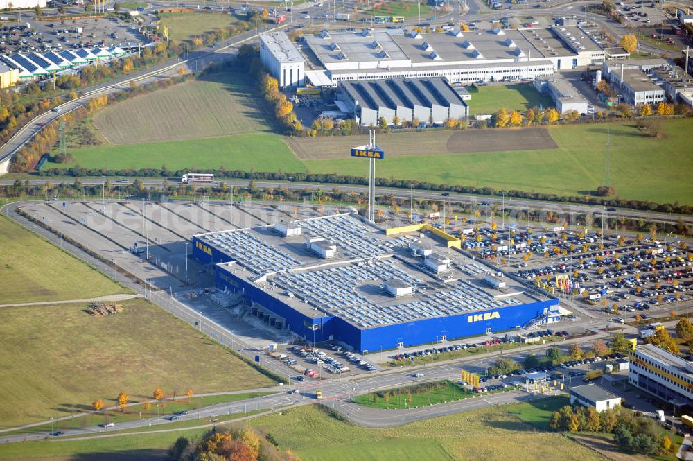 Augsburg from the bird's eye view: Blick auf das IKEA Einrichtungshaus in Augsburg-Gersthofen / Bayern. View of the IKEA furniture shop in Augsburg-Gersthofen / Bavaria.