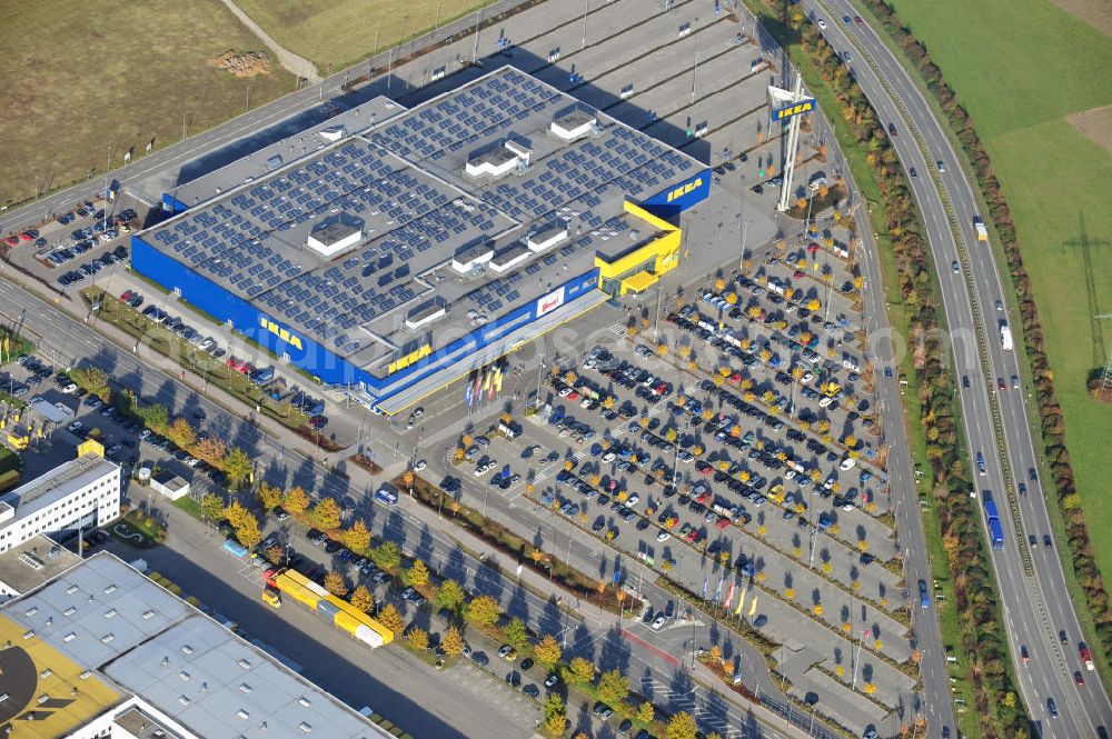 Augsburg from the bird's eye view: Blick auf das IKEA Einrichtungshaus in Augsburg-Gersthofen / Bayern. View of the IKEA furniture shop in Augsburg-Gersthofen / Bavaria.