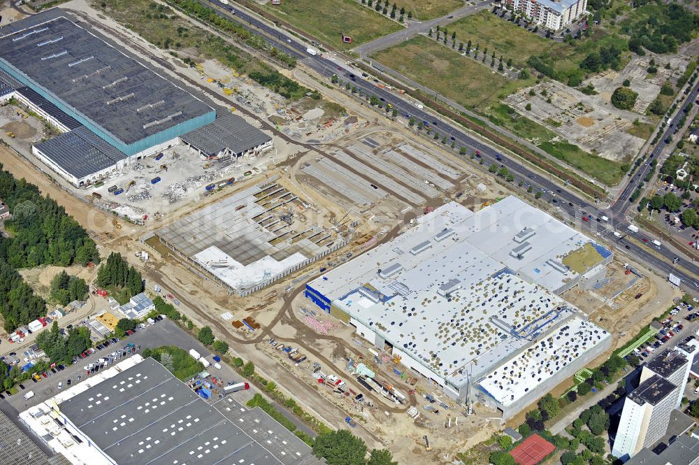 Berlin from the bird's eye view: Blick auf die IKEA Baustelle in Berlin Lichtenberg. Bis zum November diesen Jahres entsteht hier an der Landsberger Allee der zweitgrößte Ikea-Standort in Europa mit 22 000 Quadratmetern und zugleich das dritte Berliner Einrichtungshaus. Eröffnung soll Anfang November 2010 sein. View of the IKEA construction area in Berlin Lichtenberg. It is the third furniture store in Berlin.